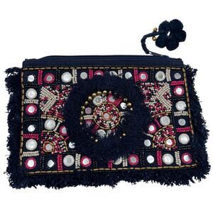 Shiraleah Chicago Beaded Fringe Boho Clutch Bag Navy Pink Tribal Embellished